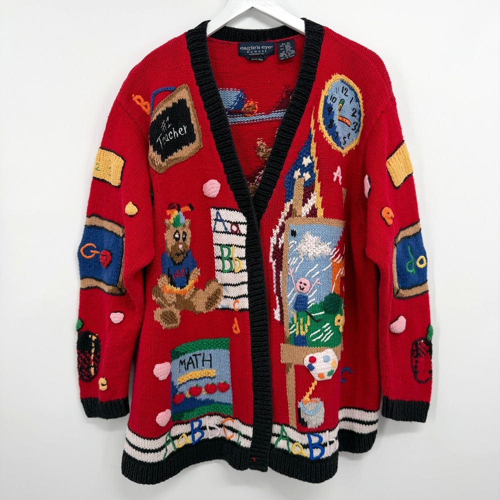 Vintage 90s Eagles Eye Cardigan Sweater 2X Teacher Hand Knit School Novelty Bear